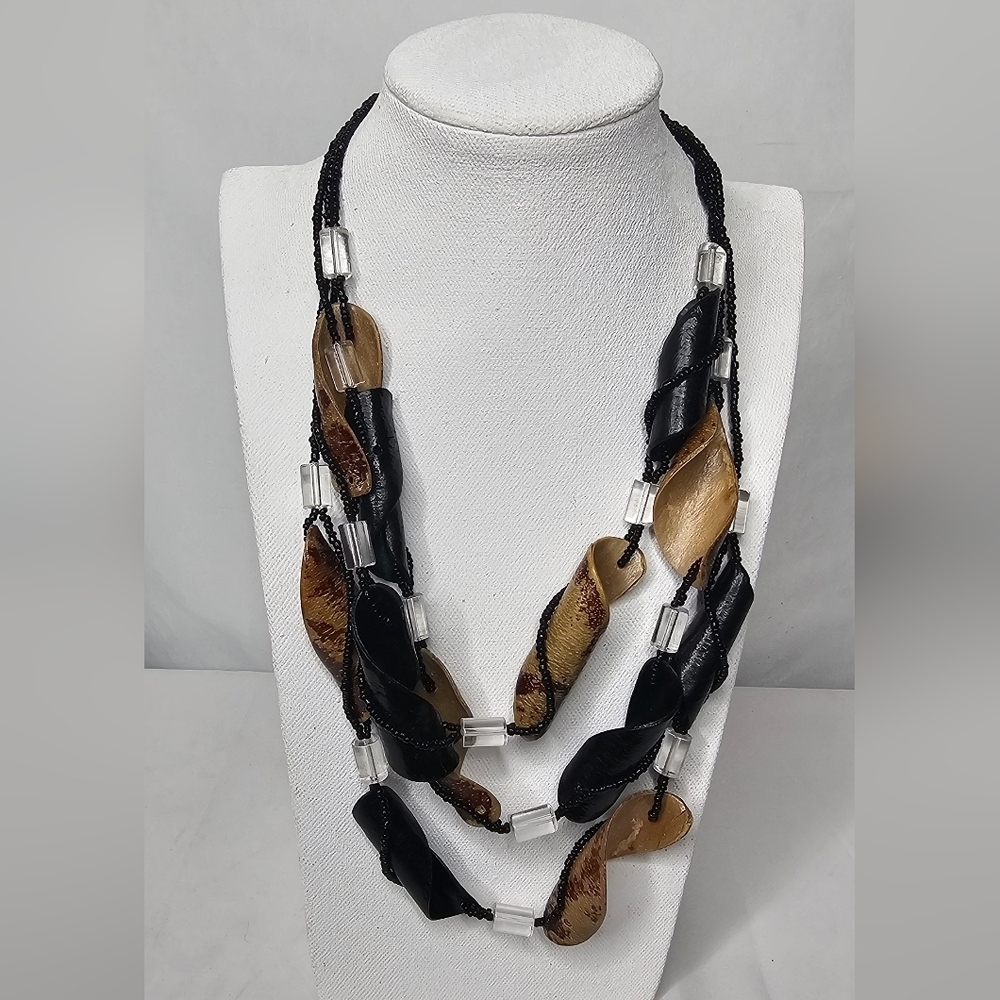 Handcrafted Multi Strand Seed Pod Statement Necklace Boho Tribal Black Beads 21"